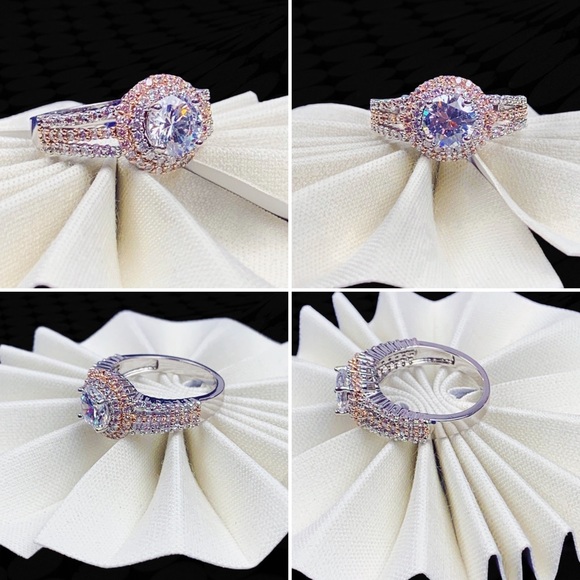 Two Tone Rose Gold Silver Double Halo Round Split Shank Pavé Engagement Ring 7 - Picture 15 of 17